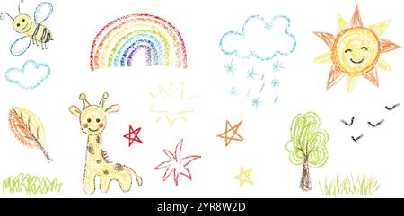 Kid Doodle Buntstift oder Kreide Hand Scribble Zeichnungen Set. Stock Vektor