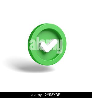 Grünes Häkchen auf weißem Hintergrund isoliert. Häkchen-Symbol. Kreis. 3D Abbildung. Stockfoto