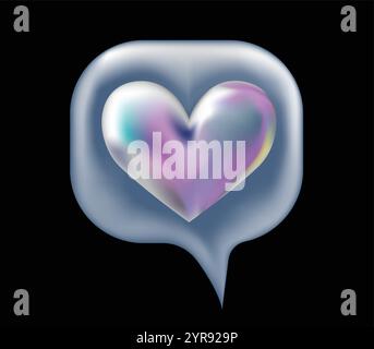 3D holographisches Retro 90 Like Symbol . Chrome Heart in einem Sprechblasenzeichen isoliert auf Schwarz. Ästhetik der Zukunft, 3D-Chrom-Blasenkunst. Glänzender Metallaufkleber. Stock Vektor