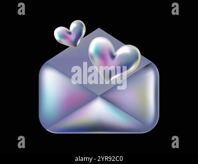 Symbol für holografische 3D-Retro-90-Nachricht. Verchromter Umschlag mit Hearts Schild isoliert auf Schwarz. Ästhetik der Zukunft, 3D-Chrom-Blasenkunst. Glänzender Metallaufkleber. Stock Vektor