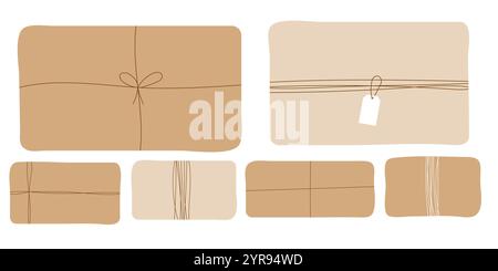 Vektor flache Geschenkbox Design mit Handwerksverpackung und weißer und brauner Schleife isoliert auf weißem Hintergrund. Stock Vektor