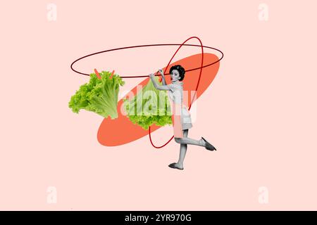 3D Collage Trend Artwork Composite Sketch Poster von Bio kulinarische Fütterung Dinner Koch junge Frau Stand Salat Veggie Natur Diät Stockfoto