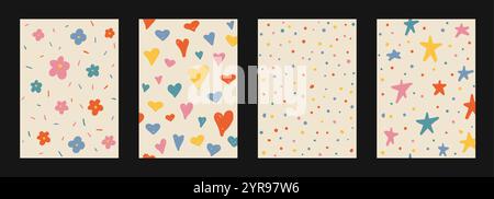 Abstraktes handgezeichnetes Y2K-Set mit naiven trendigen Mustern. Vektor-organische bunte Kritzelformen Hintergründe, Muster im groovigen Retro-Stil der 70er Jahre Stock Vektor