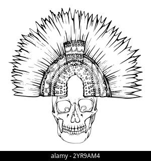 Cinco de Mayo menschlicher Schädel, traditioneller aztekischer Kopfschmuck. Mexikanischer Feiertag Tag der Toten Symbol. Handgezeichneter Tintenvektor isolierte Illustration. Design Stock Vektor