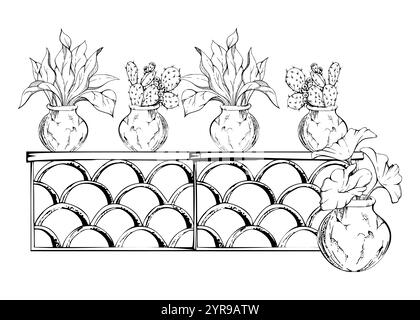 Gartenzaun im Innenhof mit Topfpflanzen, Balustrade aus Terrakotta-Schuppen, architektonische Grenzmauer aus Spitze. Handgezeichnete Vektorgrafik Stock Vektor