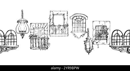 Mexikanischer mediterraner marokkanischer Fensterrahmen Balkon, Hauspflanzen, architektonische Fassade außen. Handgezeichnete Vektorgrafik. Isoliert Stock Vektor