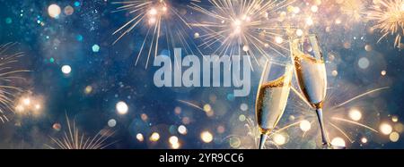 Champagner Toast - Happy New Year - Flöten mit goldenem Glitter auf blauem abstraktem Hintergrund mit defokussierten Bokeh Lichtern für Jubiläumsfeier Stockfoto