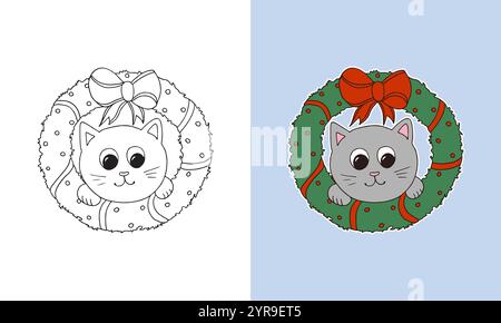Niedliche Doodle Weihnachten Kitten Line Art Ausmalseite Stock Vektor