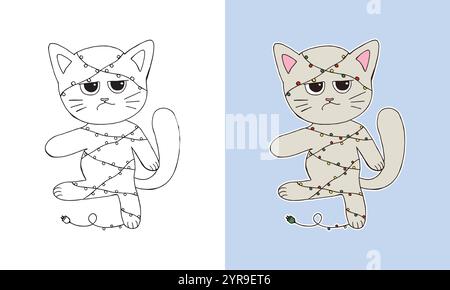 Niedliche Doodle Weihnachten Kitten Line Art Ausmalseite Stock Vektor