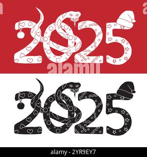 Frohes chinesisches Neujahr 2025. Jahr der Schlangenkritzelkunst in weiß und Schwarz Stock Vektor