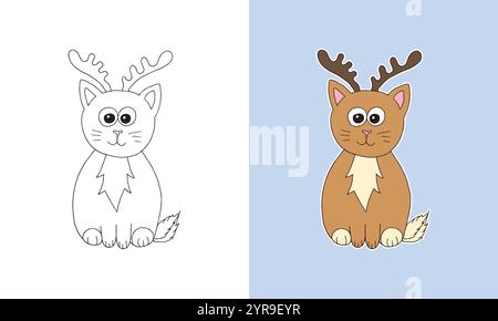 Niedliche Doodle Weihnachten Kitten Line Art Ausmalseite Stock Vektor