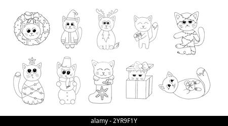 Umreißen Sie kritzelige Kinderart-Set mit Weihnachtskatzen. Süße Kätzchen mit Neujahrsdekoration. Ausmalseite Stock Vektor