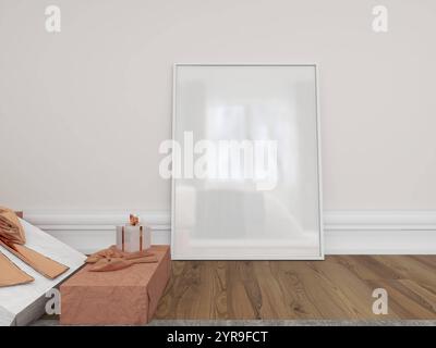 Rahmenmockup auf Holzboden, weißer Rahmen mit Lichtreflexion und Geschenkboxen für Weihnachten. Leeres Poster, modernes Interieur. Stockfoto
