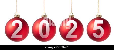 2025 Happy New Year Weihnachtsball isoliert auf weißem Hintergrund. Rote Weihnachtskugel. Stockfoto