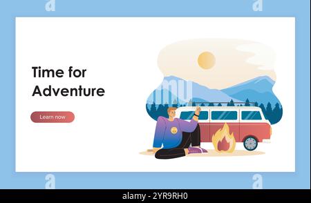 Zeit für die Landingpage für Abenteuer. Der Mann brät Marshmallows auf Feuer in der Nähe des Lieferwagens. Aktiver Lebensstil, Wandern und Camping. Reisen und Tourismus. Flacher Vektor Stock Vektor