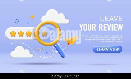 Poster zur 3D-Überprüfung. Lupe in der Nähe von fünf Sternen. Meinungen und Feedback der Benutzer. Rangliste und Bewertung. Design der Landing-Page. Isometrischer Vektor Stock Vektor