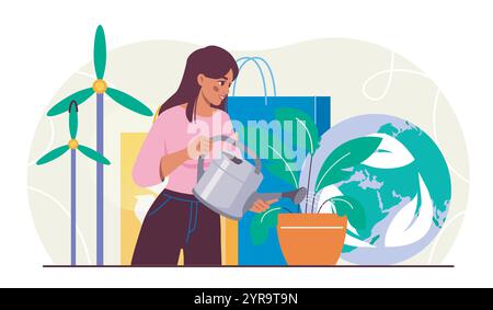 Die Frau kümmert sich um Umgebung. Girl Waters Pflanze. Pflege von Natur und Umwelt. Umweltfreundlicher Aktivist. Nachhaltiger und verschwendungsfreier Lebensstil. Flach Stock Vektor