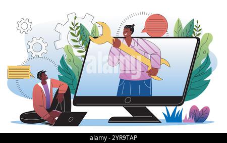 Computer-Service online. Mann mit einem riesigen Schraubenschlüssel auf dem Computerbildschirm. Programmierer und IT-Spezialist, Systemadministrator im Internet. Flacher Vektor Stock Vektor