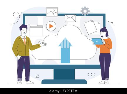 Dateien im Cloud-Speicher. Mann und Frau in der Nähe eines Computers mit Akten und Dokumenten. Server und Archiv. Herunterladen und hochladen. Lineare Vektordarstellung Stock Vektor
