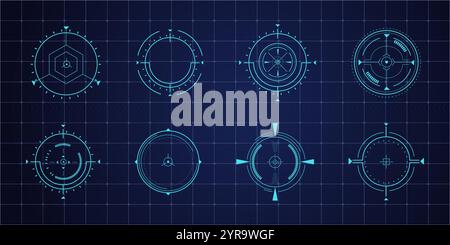 Optisches Ziel des HUD-Zielzeigers, futuristische Fokusbereichsanzeigen, Laser-Fadenkreuz-Kollimatorvisier. Messschütze für Scharfschützengewehr. Design-ui-Element der Spieloberfläche. Vektorabbildung Stock Vektor