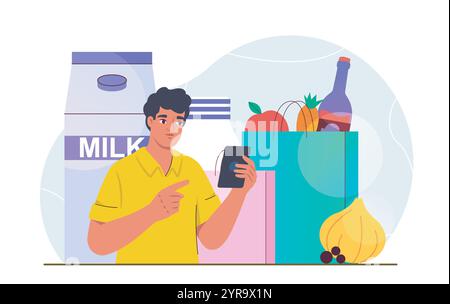 Der Mann kauft Lebensmittel. Ein junger Mann mit Smartphone steht in der Nähe von Verpackungen mit Naturprodukten. Routine- und Haushaltsarbeiten. Obst und Gemüse. Flach Stock Vektor