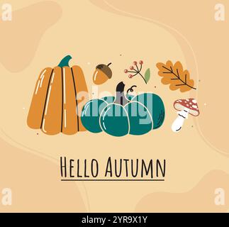Hallo Herbstposter. Grüner und oranger Kürbis, Eichel, Pilz und Zweig mit Blättern. Herbstgemüse. Cover oder Banner für Website. Flach Stock Vektor