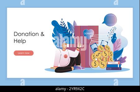 Startseite für Spenden. Mann in der Nähe von Kartonschachteln und einem Glas mit goldenen Münzen. Gemeinnützige Organisation freiwillig. Altruismus, Großzügigkeit und Freundlichkeit. Flach Stock Vektor