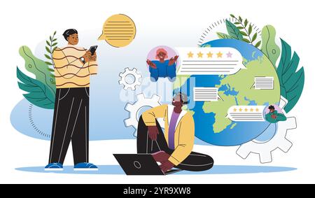 Feedback in sozialen Netzwerken. Männer schreiben Kommentare in sozialen Netzwerken. Rangliste und Bewertung. Benutzer bewerten und bewerten sie im Internet. Illustration des flachen Vektors Stock Vektor