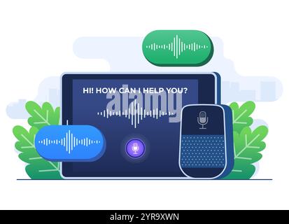 Intelligenter Sprachassistent flache Illustrationsvektorvorlage, weibliche Charaktere steuern das IoT-System über drahtlose Befehle an Lautsprechern und Mikrofon Stock Vektor