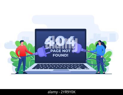 404 Fehler, Systemfehler, defekte Seite, Personen, die versuchen, getrennte Drähte von Steckdose, Kabel und Steckdose anzuschließen, Seite nicht gefunden Konzept flach illus Stock Vektor