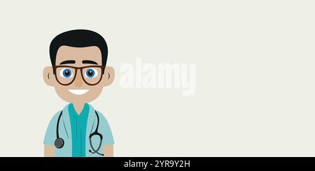 Arzt mit Stethoskop. Der Mensch ist isoliert vor einem hellen Hintergrund mit leerem Kopierraum für Text oder Bilder. Stock Vektor