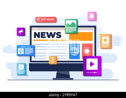 Online-Nachrichten mobile Anwendung flache Illustration Vektorvorlage, Online-News-artikel, News-Webseite, Online-Massenmedien auf Computerbildschirm, Internet ne Stock Vektor