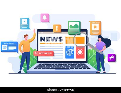Menschen-Charaktere durchsuchen Online-Massenmedien-Feeds auf dem Laptop-Bildschirm, Leute lesen Nachrichtenartikel, Online-Zeitung, News-Webseite, Internet-Newsletter mobi Stock Vektor