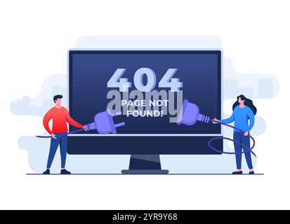 404 Fehler, Systemfehler, defekte Seite, Personen, die versuchen, getrennte Drähte von Steckdose, Kabel und Steckdose anzuschließen, Seite nicht gefunden Konzept flach illus Stock Vektor