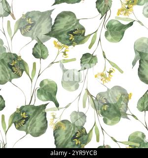 Grüne Lindenzweige mit nahtlosem Muster von Blättern und Blumen. Handgezeichneter floraler Hintergrund, Wald- und Holzpflanzenelemente für Heimtexte Stockfoto