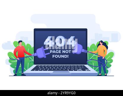 404 Fehler, Systemfehler, defekte Seite, Personen, die versuchen, getrennte Drähte von Steckdose, Kabel und Steckdose anzuschließen, Seite nicht gefunden Konzept flach illus Stock Vektor