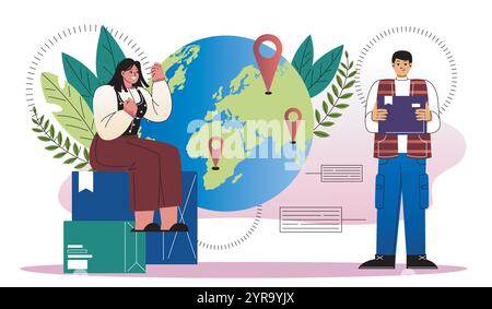 Rohstoffversorgung. Frau und Mann in der Nähe von Kartonschachteln. Business-to-Business-Handel. Vertrieb, Logistik und Versand. Illustration des flachen Vektors Stock Vektor