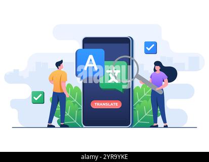 Übersetzungskonzept Vektorvorlage für flache Illustrationen, Sprachen übersetzen, mobile Anwendung für Online-Übersetzer Stock Vektor
