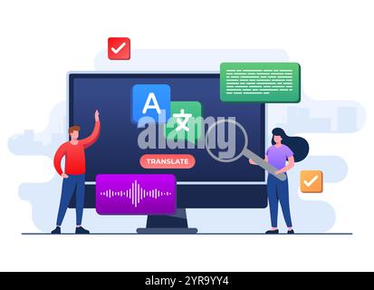 Übersetzungskonzept flache Illustration Vektorvorlage, Sprachen übersetzen, mobile Online-Anwendung für Übersetzer auf Tablet, Menschen, die Sprache übersetzen Stock Vektor