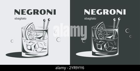 Negroni Cocktail-Poster-Set. Alkoholische Getränke und Getränke in Gläsern. Heißes Wetter und Sommersaison. Tropisches und exotisches Getränk mit Zitrusfrüchten. Abdeckung Stock Vektor