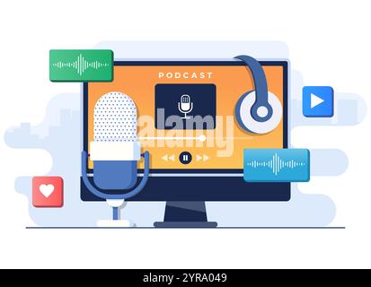 Podcast auf Computerbildschirm anhören, Vektorvorlage für flache Illustrationen, Webinar zur Aufzeichnung, Tutorial, Onlinekurs, Podcast, Radio-Host-Arbeitsplatz, Bro Stock Vektor