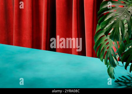 Moderner Farbhintergrund mit Palmenschatten auf blauem Tisch mit rotem Hintergrund. Trendige farbenfrohe Studioszene für luxuriöse Produktpräsentationen. Stockfoto