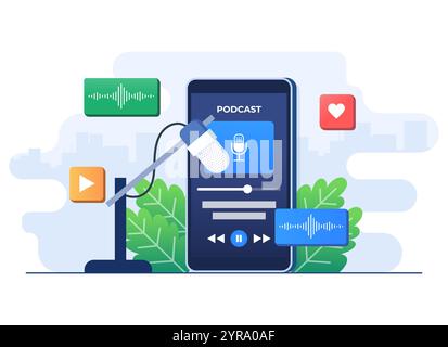 Audio-Podcast-Konzept flache Illustrationsvektorvorlage, Podcast-App-Schnittstelle auf Smartphone-Bildschirm zum Hören von Musik, Radio und Stock Vektor