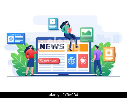 Menschen-Charaktere durchsuchen Online-Massenmedien-Feeds auf dem Laptop-Bildschirm, Leute lesen Nachrichtenartikel, Online-Zeitung, News-Webseite, Internet-Newsletter mobi Stock Vektor