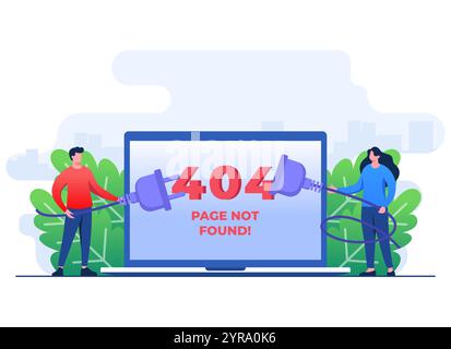 404 Fehler, Systemfehler, defekte Seite, Personen, die versuchen, getrennte Drähte von Steckdose, Kabel und Steckdose anzuschließen, Seite nicht gefunden Konzept flach illus Stock Vektor