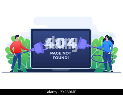404 Fehler, Systemfehler, defekte Seite, Personen, die versuchen, getrennte Drähte von Steckdose, Kabel und Steckdose anzuschließen, Seite nicht gefunden Konzept flach illus Stock Vektor