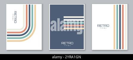 Gestreifte Poster. Firmenflyer mit bunten Mustern und Ornamenten. Broschüre, Broschüre und Faltblatt. Packung trendiger Cover. Flacher Vektor Stock Vektor
