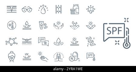 Hautpflege-Symbole gesetzt. Dermatologie und Kosmetologie. Feuchtigkeitscreme, Creme und Lotion. Hautpflege und Schönheitsverfahren. Kosmetikprodukte. Linearer Vektor Stock Vektor