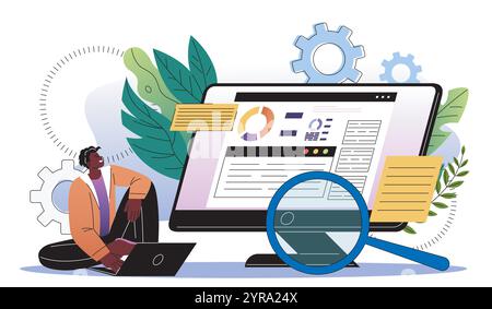 SEO-Benchmarking-Konzept. Mann, der neben dem Computer sitzt, mit Lupe. Analyse des Nutzerverhaltens, Werbung für Webseiten im Internet. Flacher Vektor Stock Vektor