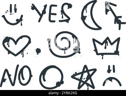 Urban Graffiti Grunge Ink Spray Set Elemente. Abstrakte schwarze Zeichnungen, Clip-Art-Sammlung. Vektorgrafiken, Wall Street Art Stock Vektor